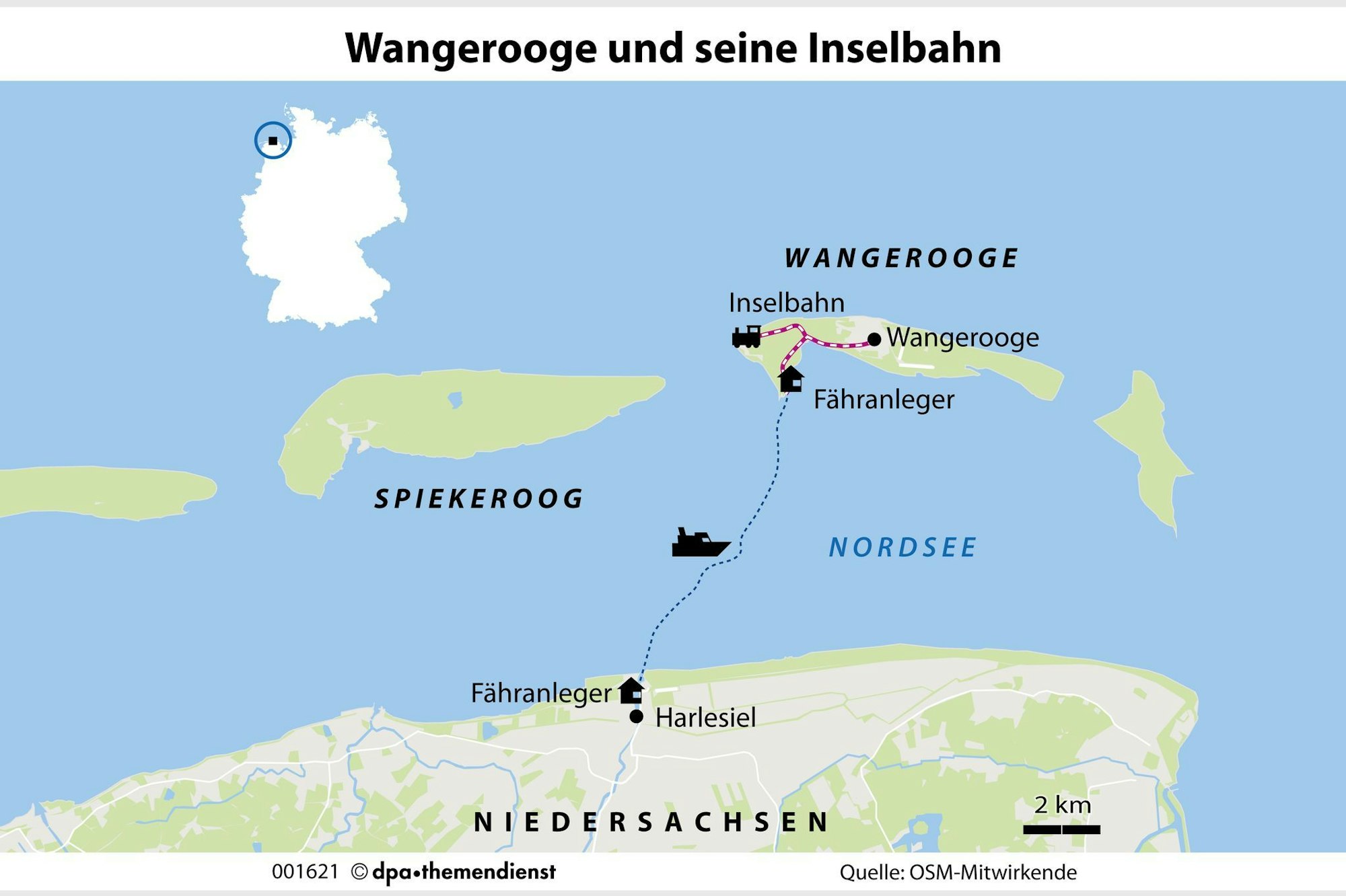 Von Harlesiel fährt die Fähre zum Insel-Anleger auf Wangerooge, von dort verkehrt die Inselbahn.
