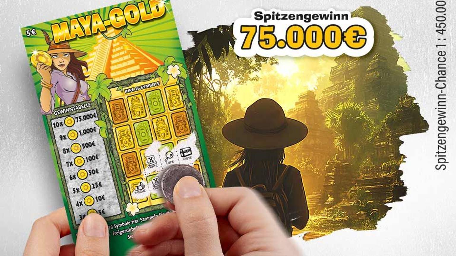 Beim WestLotto Rubbellos Maya-Gold winkt ein Spitzengewinn von 75.000 Euro.