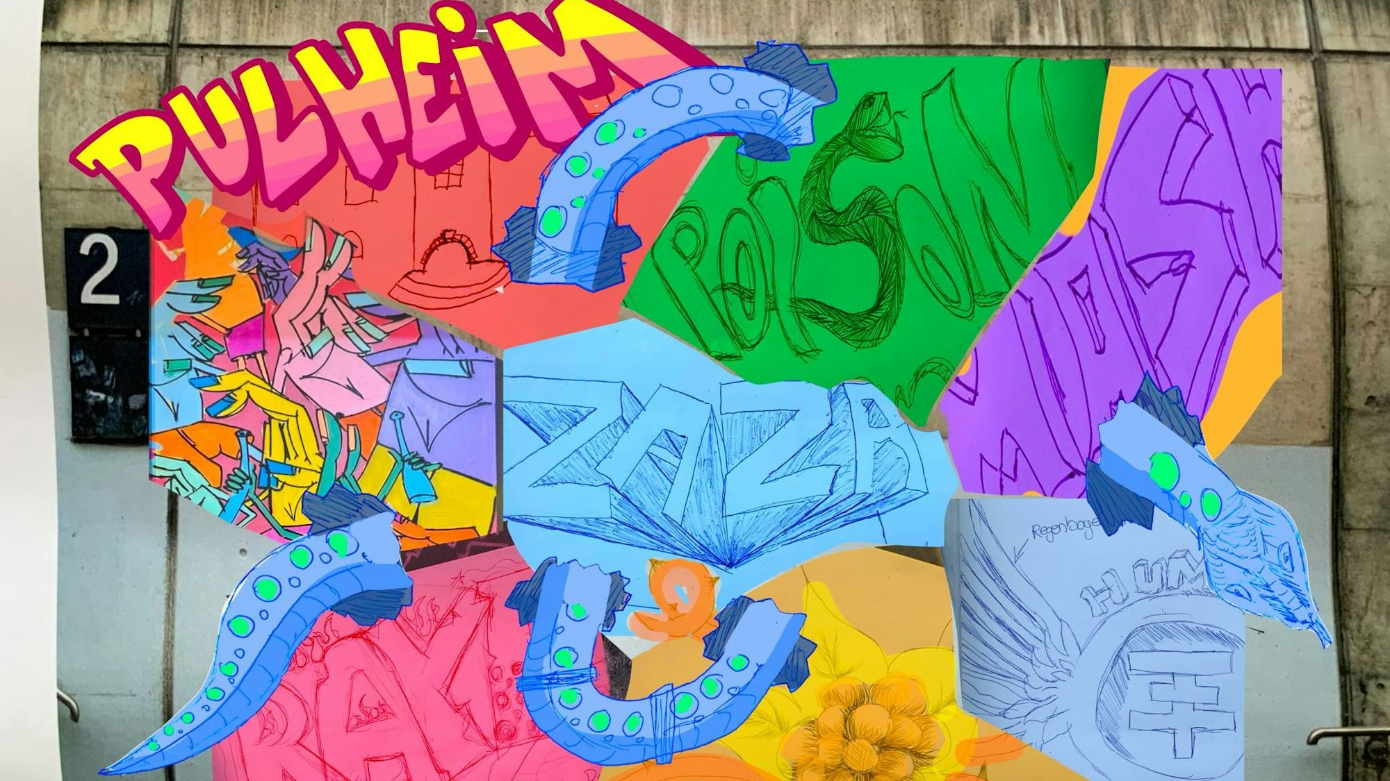 Der Entwurf für ein Graffito, es ist bunt.