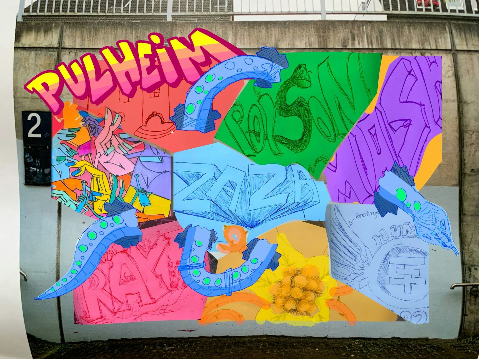 Ein buntes Graffito, zu sehen sind Buchstaben, eine Hand und der Schriftzug„ Pulheim“.