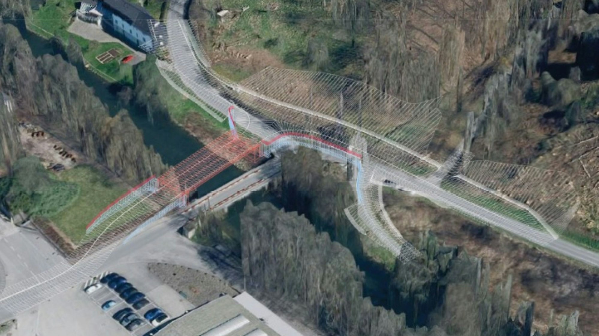 Die Montage zeigt, wie das neue Brückenbauwerk über die Agger aussehen soll. Es wird parallel neben der Dörrenberger Brücke gebaut, die später abgerissen wird.