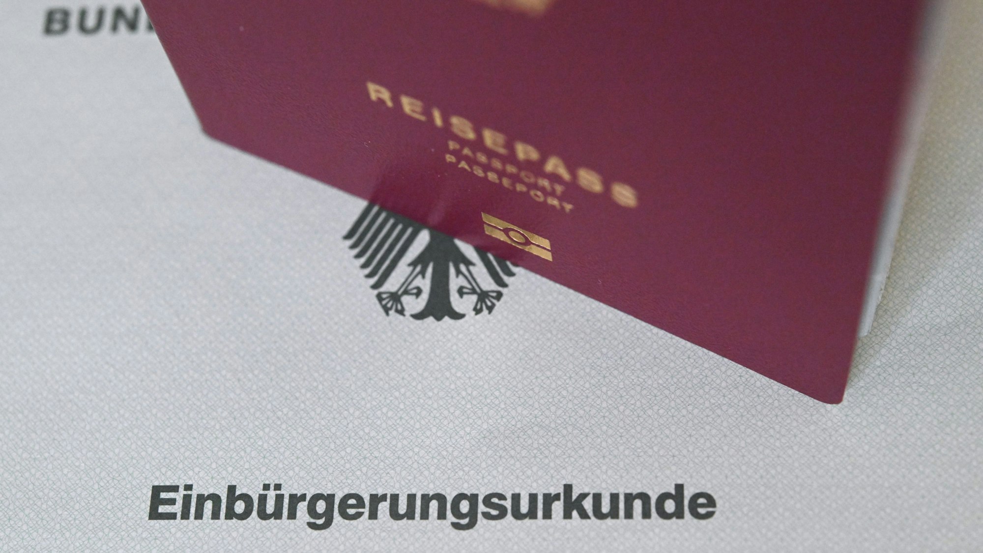 Ein deutscher Reisepass steht auf einer Einbürgerungsurkunde. (Archivbild)