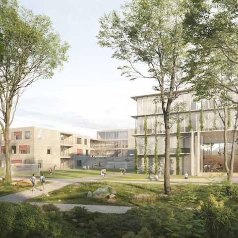 Die Grafik zeigt eine Außenansicht des geplanten neuen Schulzentrums in Wipperfürth.