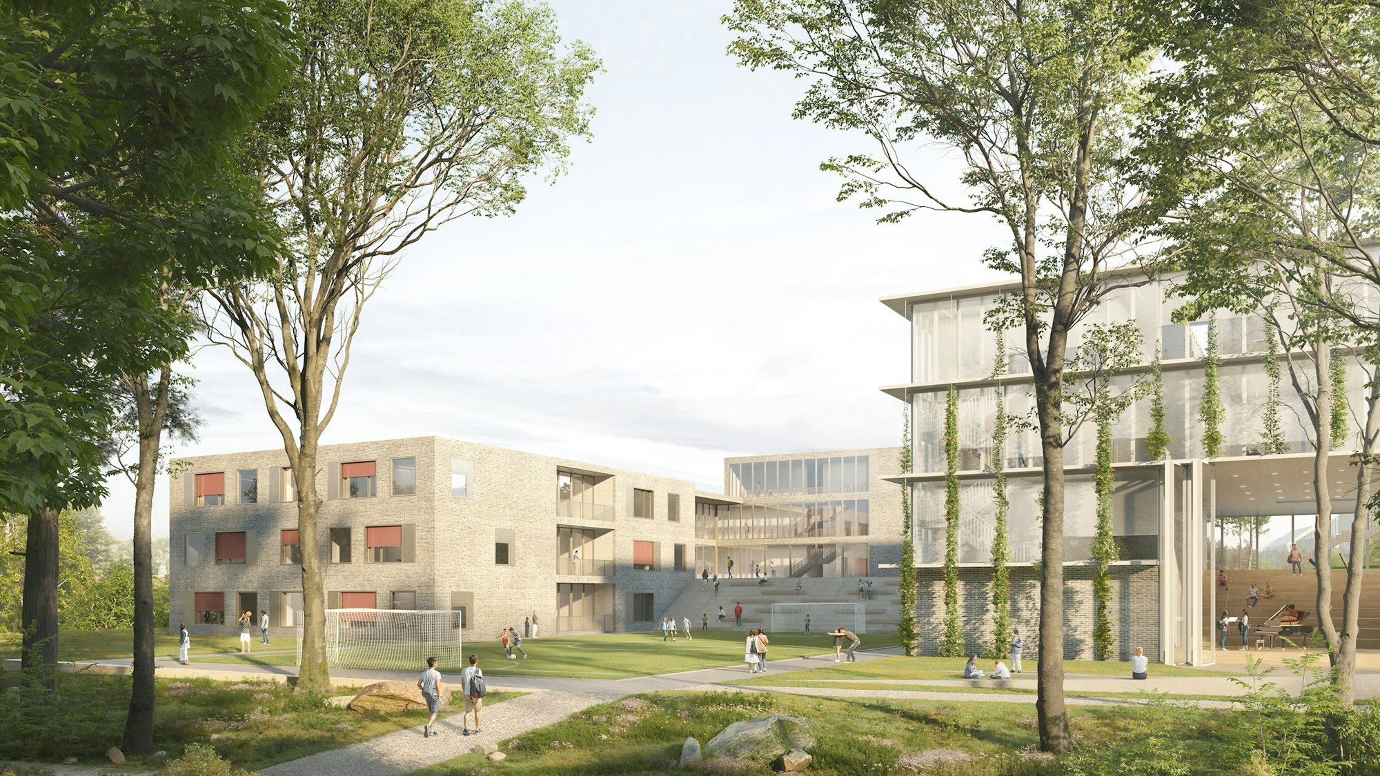 Die Grafik zeigt eine Außenansicht des geplanten neuen Schulzentrums in Wipperfürth.