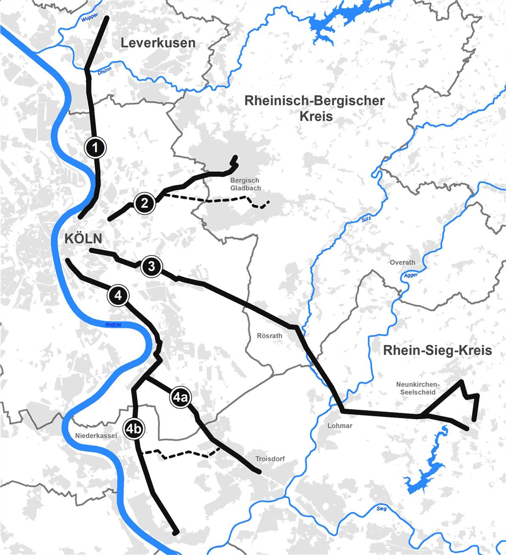 Radpendlerrouten von Rhein-Berg, Rhein-Sieg und Leverkusen nach Köln.