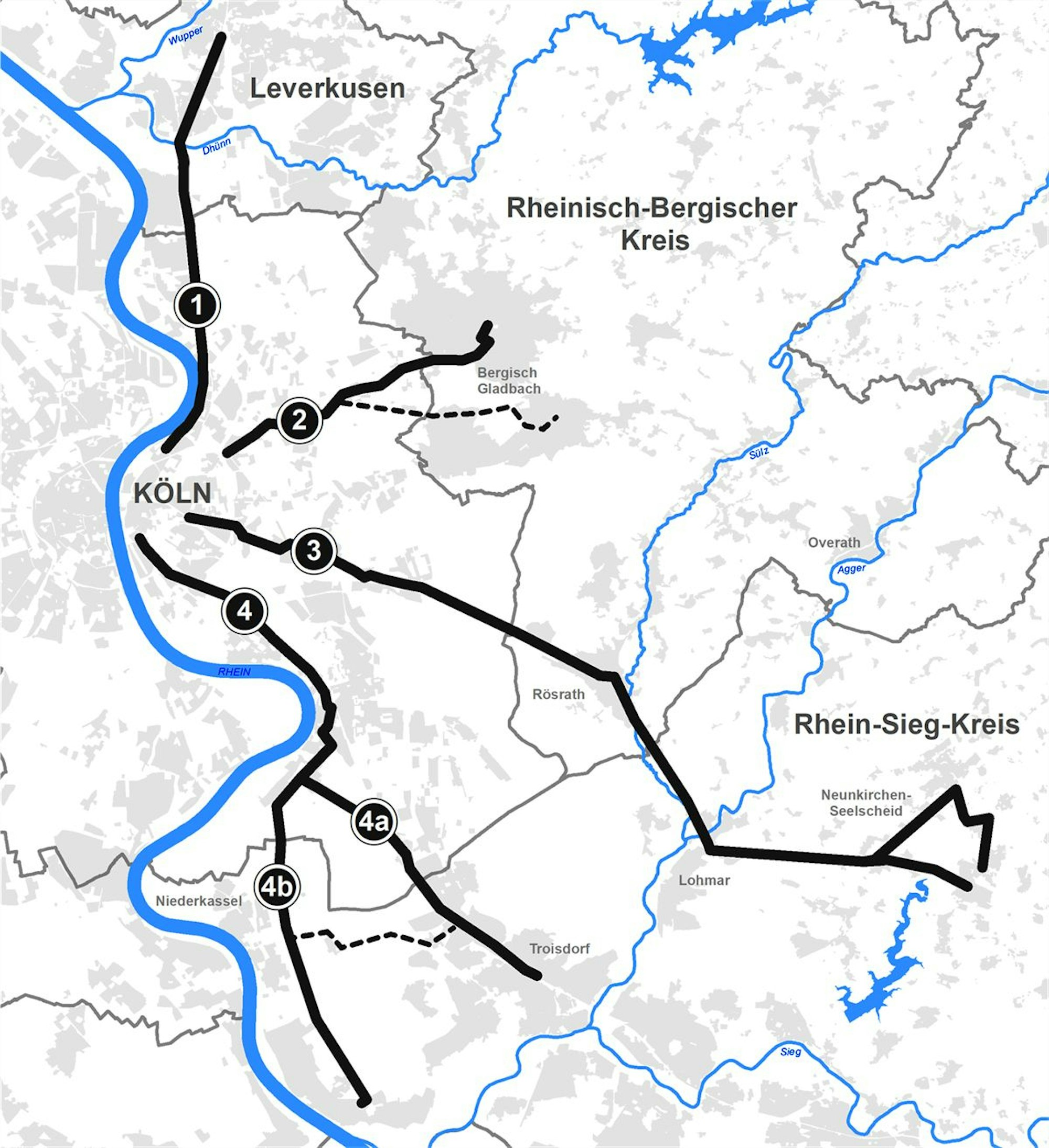Radpendlerrouten von Rhein-Berg, Rhein-Sieg und Leverkusen nach Köln.