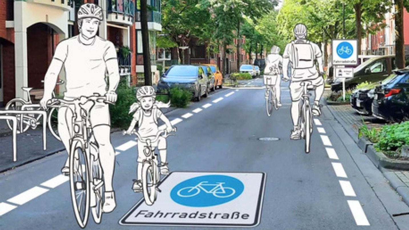 Gezeichnete Fahrradfahrer fahren auf einer Fahrradstraße durch eine Stadt.