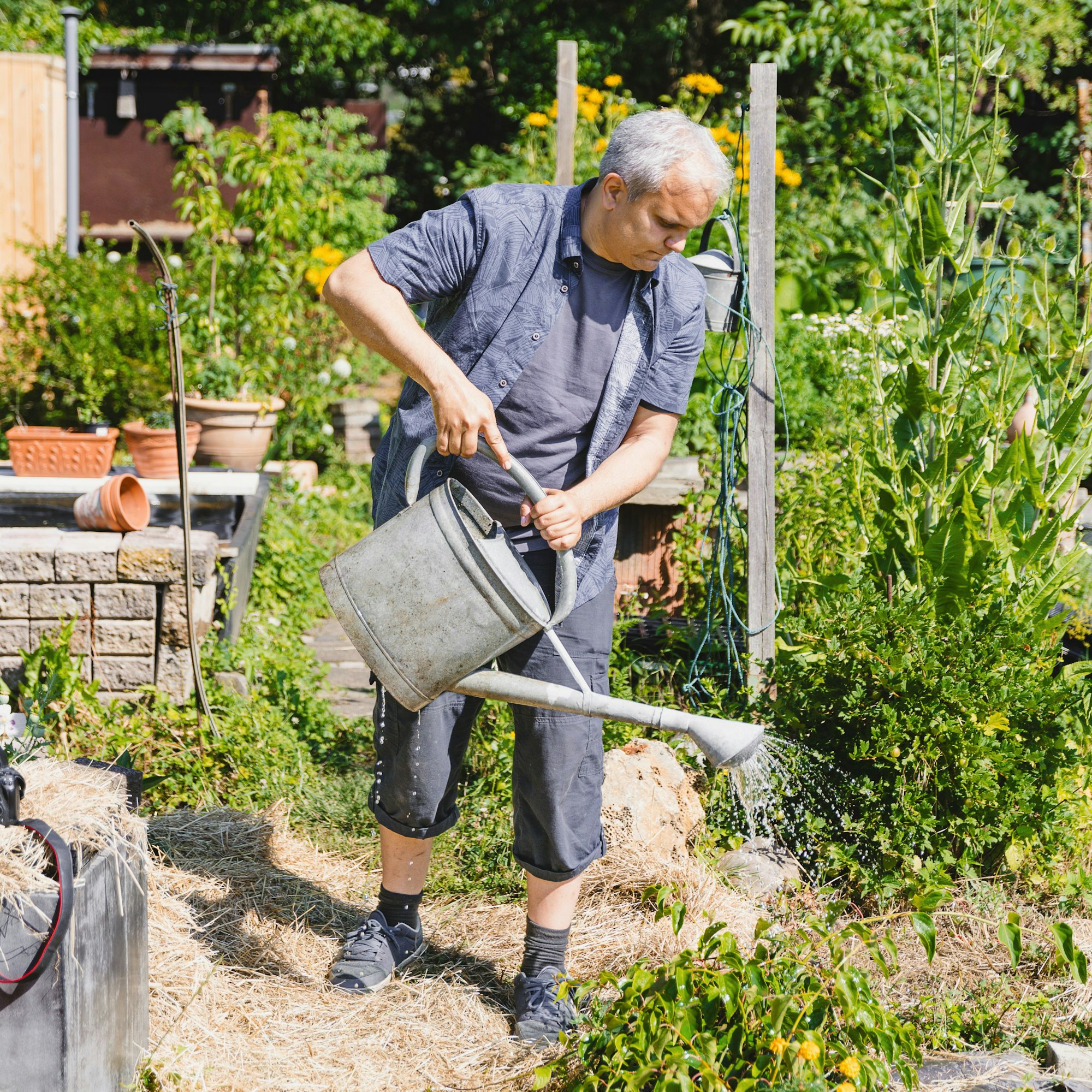 Auf dem Bild ist ein Mann zu sehen, der Pflanzen gießt.