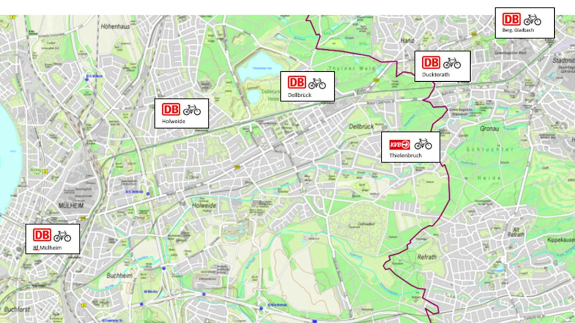 Ein Stadtplan von Köln und Bergisch Gladbach zeigt die Stationen, an denen man sich E-Bikes ausleihen kann.