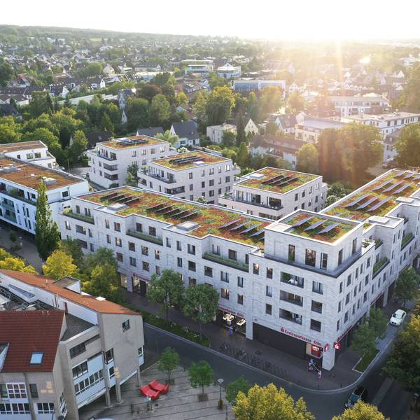 Die geplante Neubebauung an der Ecke Frankfurter Straße/Lindenstraße und dem dahinter liegenden Hof aus der Vogelperspektive.
