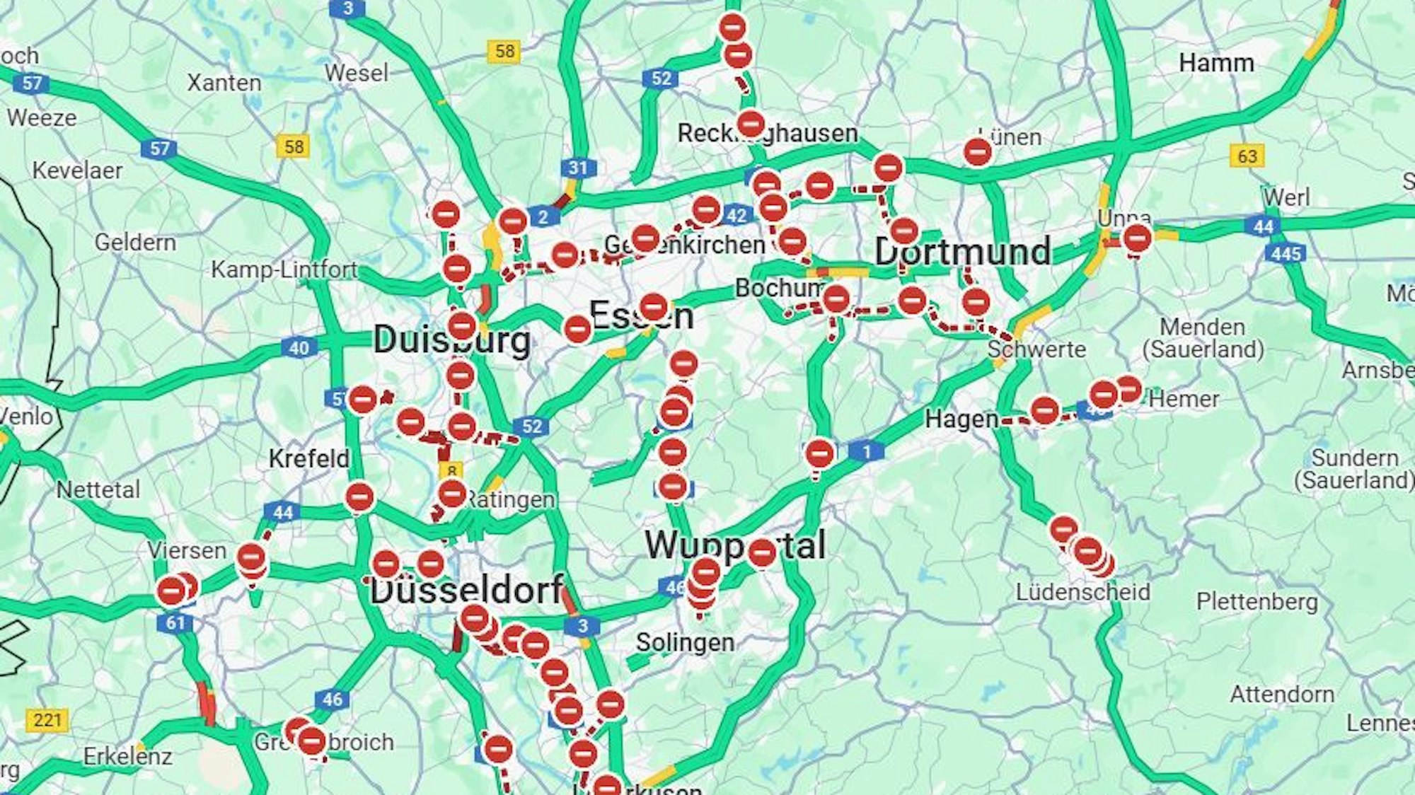 Laut Google Maps sind am Donnerstag sämtliche Autobahnen gesperrt (Stand 12.32 Uhr).