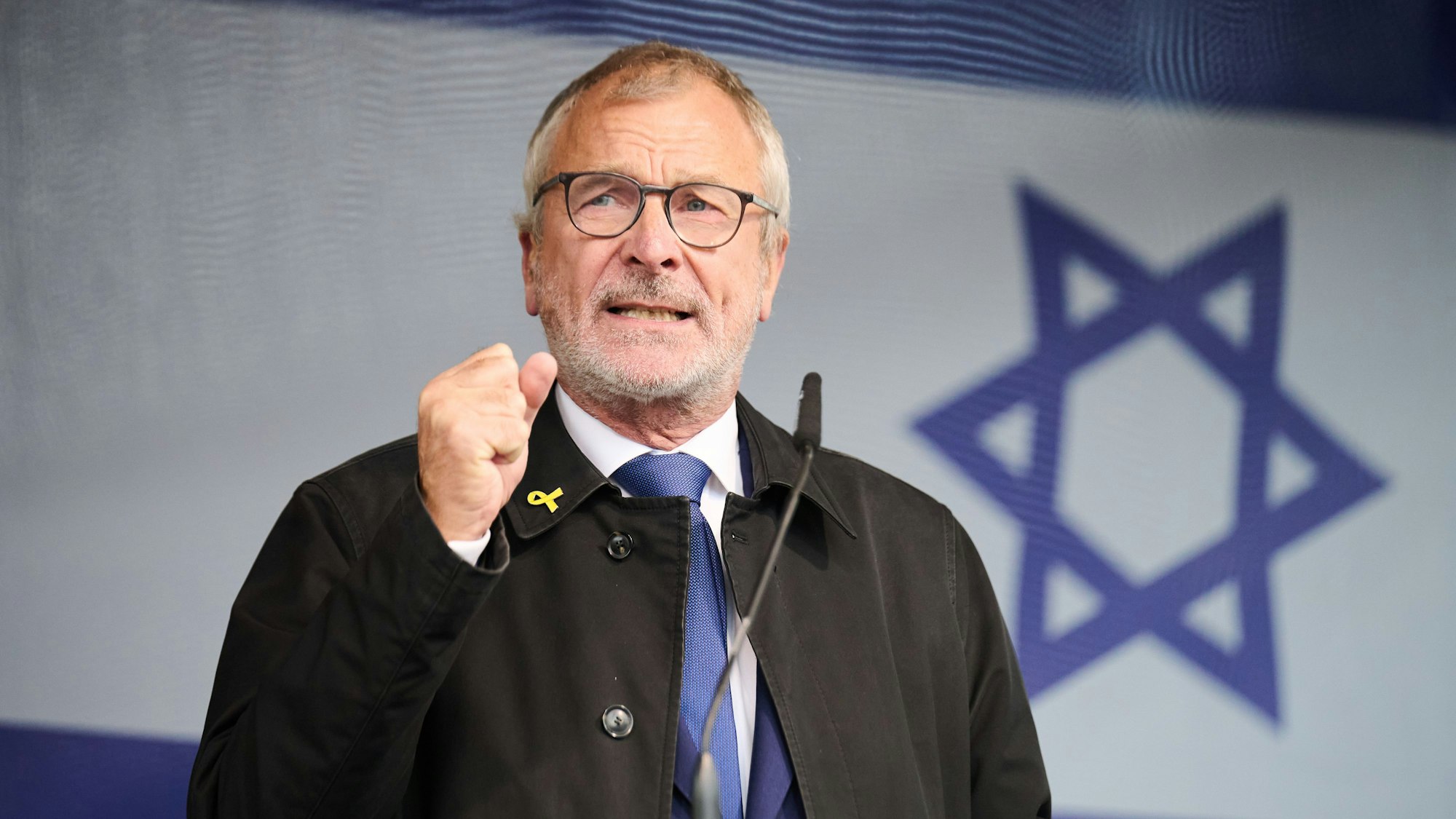 Volker Beck, Präsident der Deutsch-Israelischen Gesellschaft (DIG), spricht auf der Kundgebung „Deutschland an der Seite Israels – Am Israel chai!“ am Brandenburger Tor. (Archivbild)