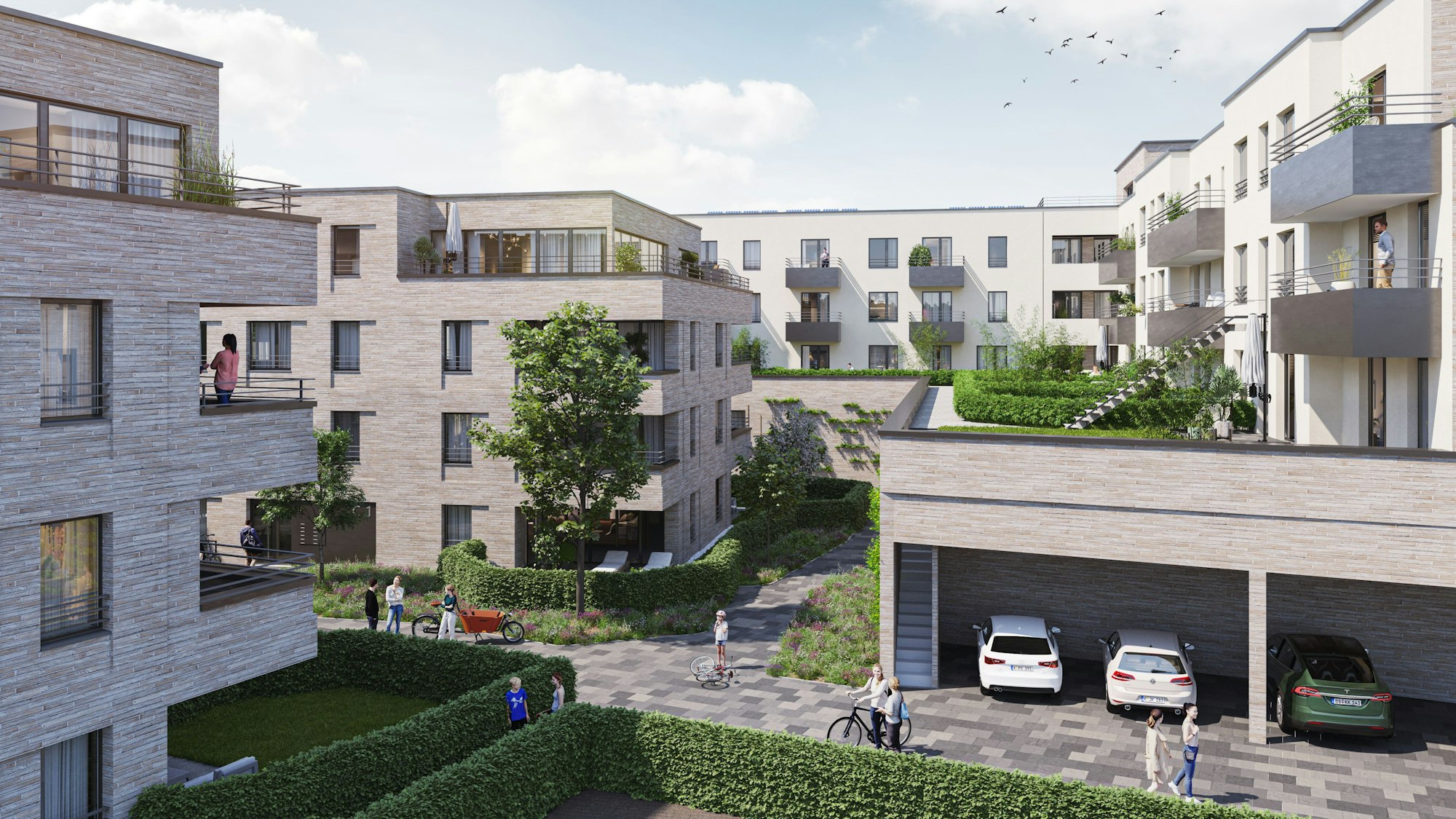 Blick in den Hof, wo drei dreigeschossige Wohngebäude mit Staffelgeschoss und Tiefgarage entstehen sollen.