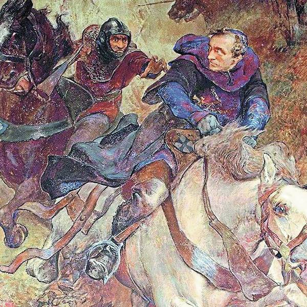 Ein Ölgemälde zeigt, wie ein Mann auf einem weißen Pferd von einem Ritter verfolgt wird, der schon fast nach ihm greift.