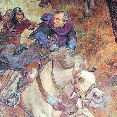 Ein Ölgemälde zeigt, wie ein Mann auf einem weißen Pferd von einem Ritter verfolgt wird, der schon fast nach ihm greift.