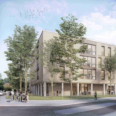 Auf dem Bild ist die Erweiterung des Berufskollegs zu sehen. Die Visualisierung zeigt auch Fußgänger, die um das Gebäude herumlaufen und Radfahrer.