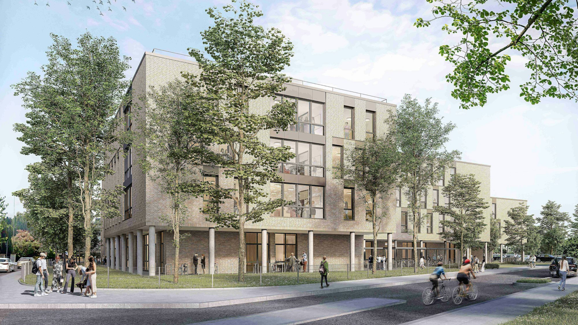 Auf dem Bild ist die Erweiterung des Berufskollegs zu sehen. Die Visualisierung zeigt auch Fußgänger, die um das Gebäude herumlaufen und Radfahrer.