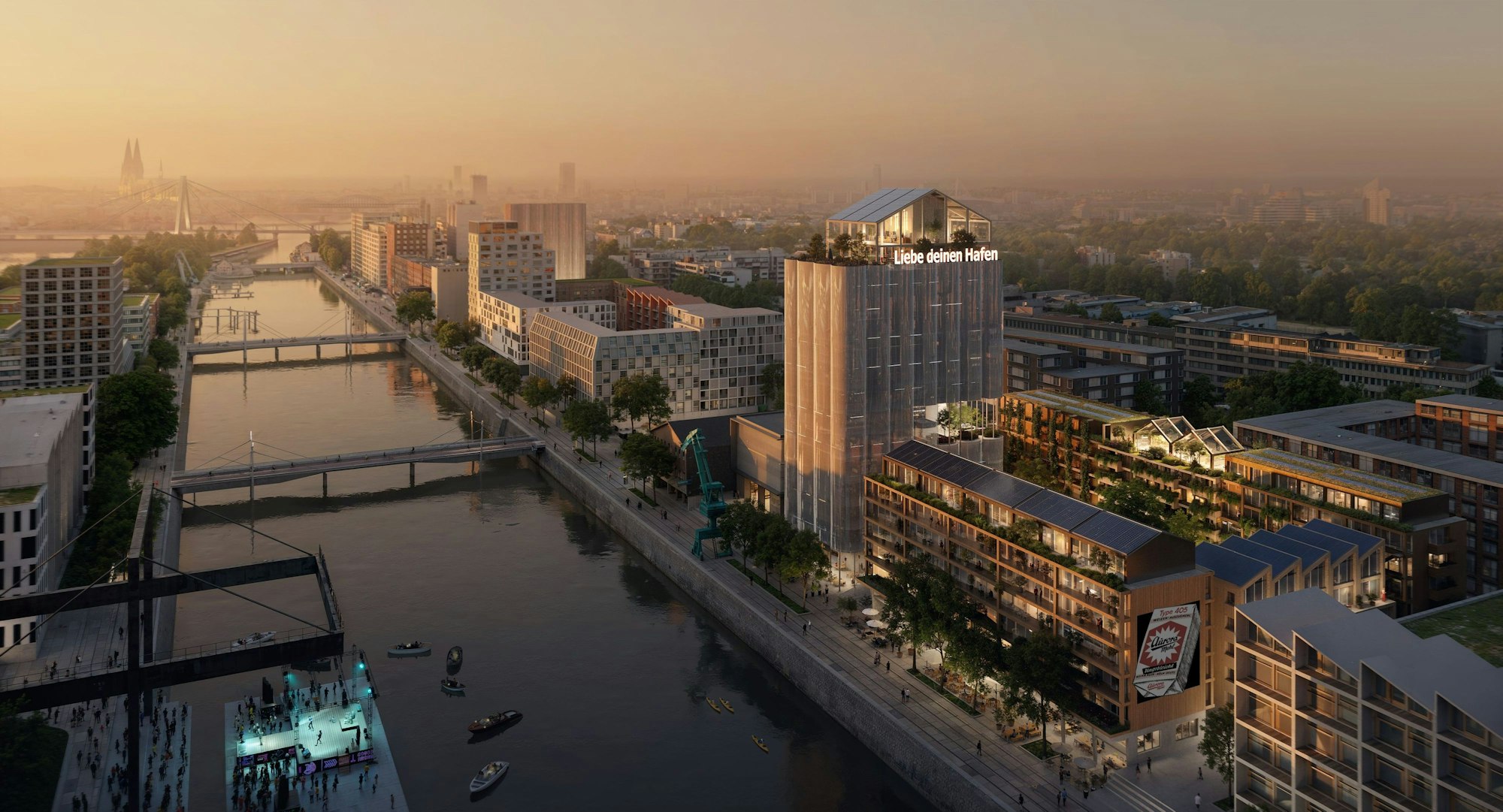 Die Visualisierung zeigt eine mögliche Bebauung auf Baufeld 05 im Deutzer Hafen (rechts im Bild) nach einem Entwurf von Mei architects and planners.