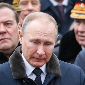 RUSSIA-POLITICS-HISTORY
Russian President Vladimir Putin and Deputy Head of Russia's Security Counsil Dmitry Medvedev (2nd L) attend a wreath-laying ceremony at the Tomb of the Unknown Soldier by the Kremlin wall to mark the Defender of the Fatherland Day in Moscow on February 23, 2020. The Defender of the Fatherland Day, celebrated in Russia on February 23, honours the nation's army and is a nationwide holiday.
YURI KOCHETKOV / POOL / AFP