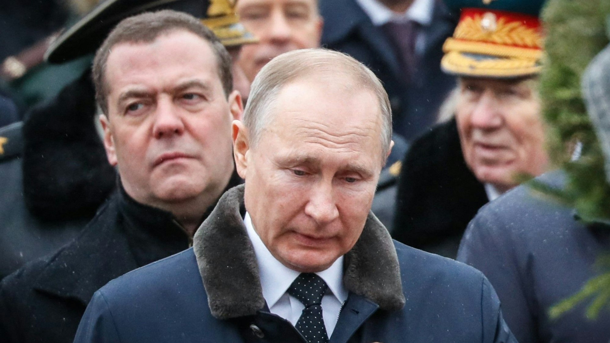 RUSSIA-POLITICS-HISTORY
Russian President Vladimir Putin and Deputy Head of Russia's Security Counsil Dmitry Medvedev (2nd L) attend a wreath-laying ceremony at the Tomb of the Unknown Soldier by the Kremlin wall to mark the Defender of the Fatherland Day in Moscow on February 23, 2020. The Defender of the Fatherland Day, celebrated in Russia on February 23, honours the nation's army and is a nationwide holiday.
YURI KOCHETKOV / POOL / AFP
