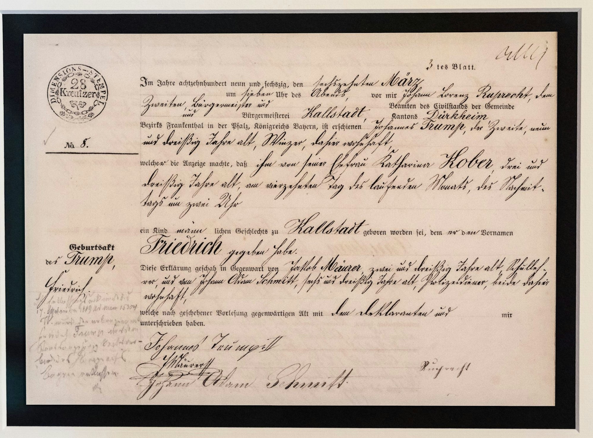 Das Faksimile der Geburtsurkunde von Trumps Großvater, der in der Pfalz zur Welt kam.