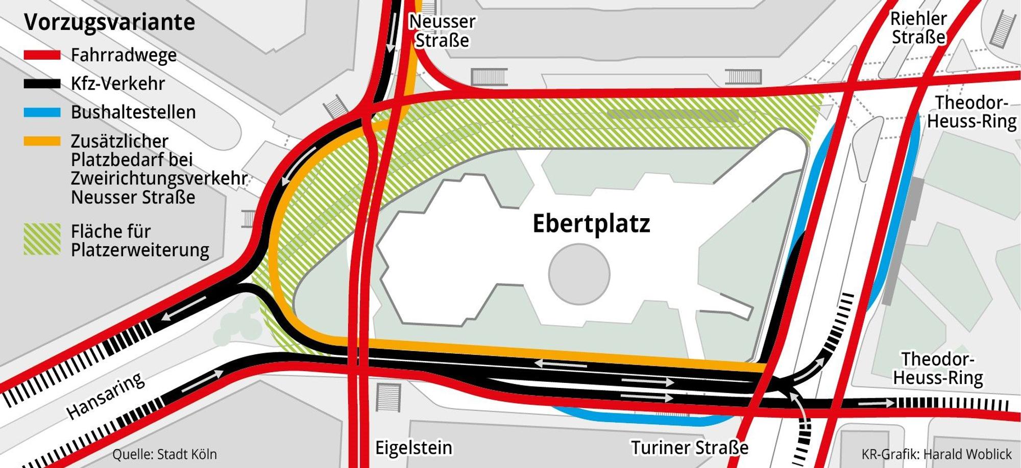 Die Grafik zeigt die von der Stadt Köln bevorzugte Variante für die Neuordnung des Verkehrs am Ebertplatz.
