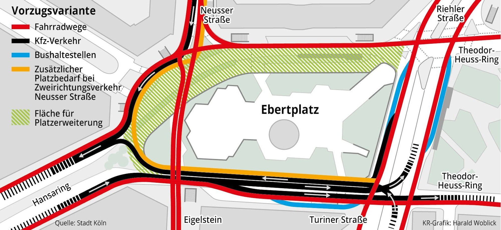 Die Grafik zeigt die von der Stadt Köln bevorzugte Variante für die Neuordnung des Verkehrs am Ebertplatz.
