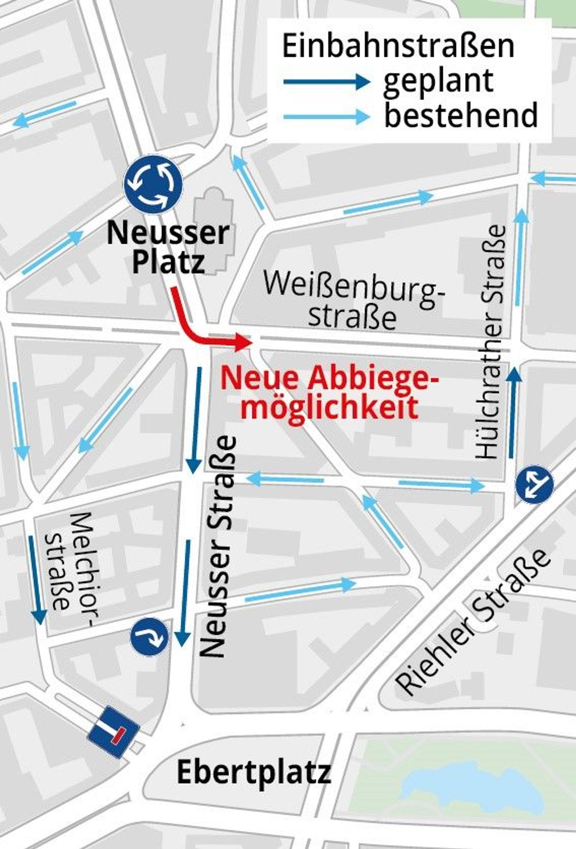 Die Grafik zeigt eine mögliche Einbahnstraßen-Regelung für die Neusser Straße in Köln.