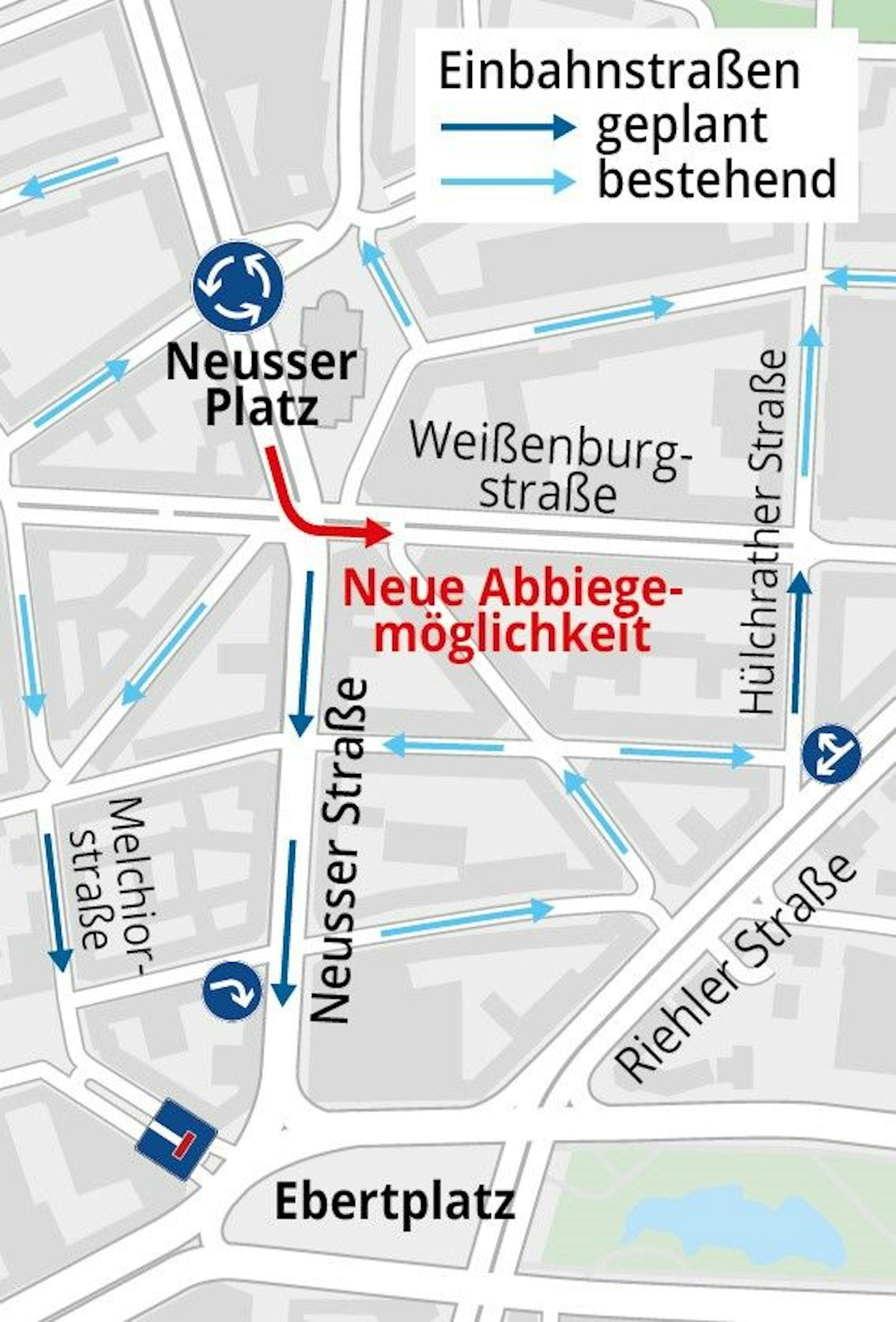 Die Grafik zeigt eine mögliche Einbahnstraßen-Regelung für die Neusser Straße in Köln.