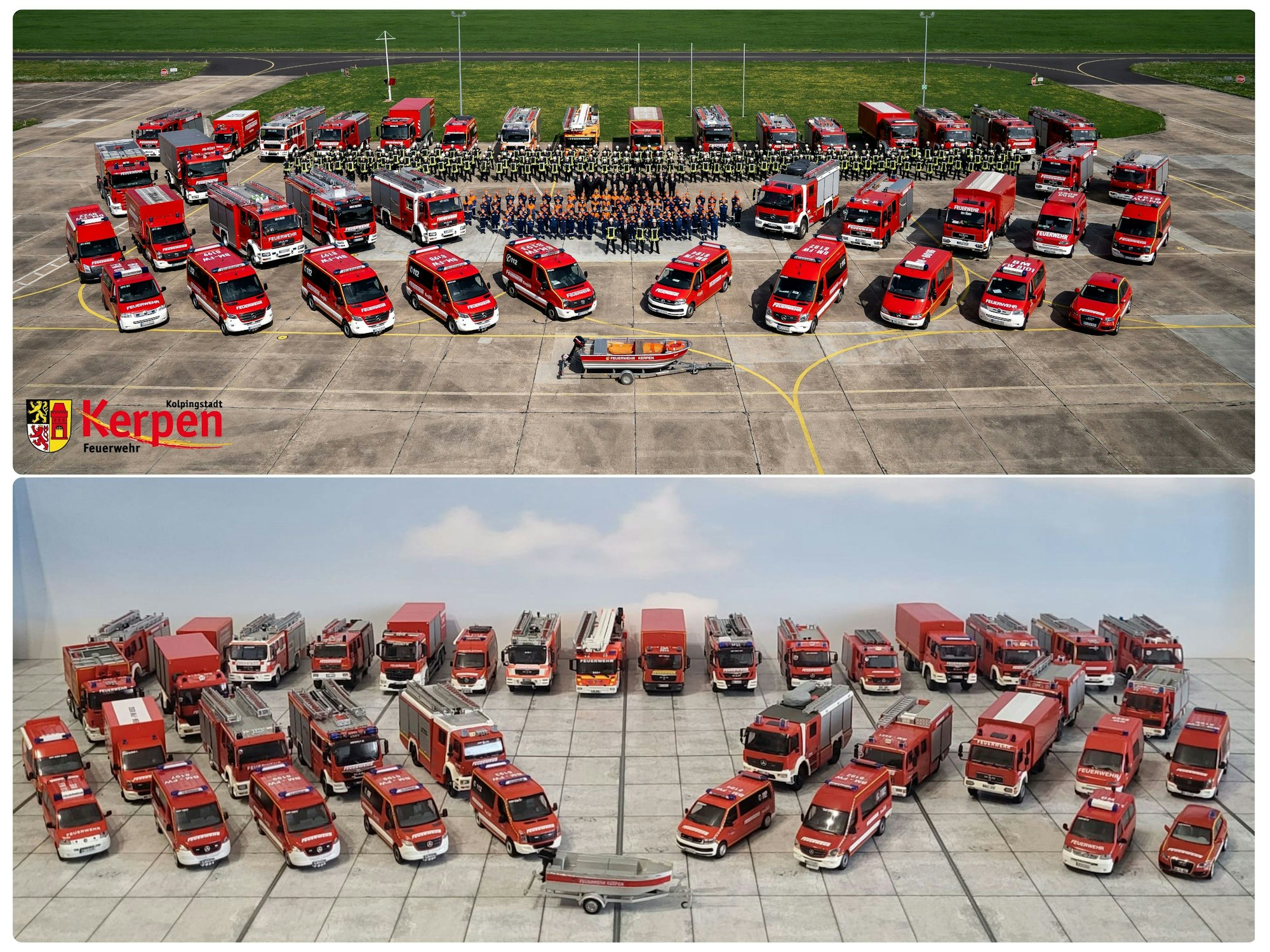 Die Collage zeigt oben ein Foto der Feuerwehrflotte Kerpen und unten den Miniatur-Nachbau.