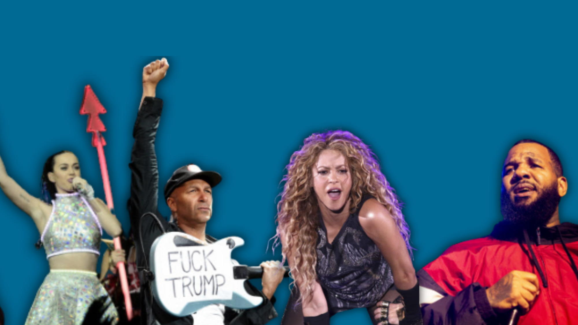 Das Bild zeigt eine Montage verschiedener US-Musikgrößen. Foto: Udo Gottschalk/Express (Katy Perry), Thomas Frey/dpa (Tom Morello), Greg Allen/Invision/AP/dpa (Shakira), xMairoxCinquetti, Montage: KStA.de