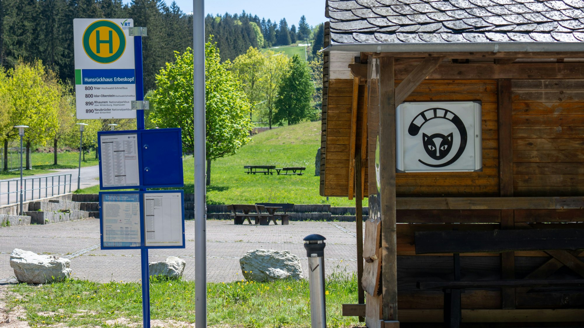 PRODUKTION - 09.05.2025, Rheinland-Pfalz, Deuselbach: Eine eigens am Hunsrückhaus eingerichtete Bushaltestelle ermöglicht Besuchern des Nationalparks Hunsrück-Hochwald An- und Abreise ohne eigenes Auto. Der Nationalpark ist mittlerweile zehn Jahre alt. (zu dpa: «Was Besucher im Nationalpark Hunsrück-Hochwald machen können») Foto: Harald Tittel/dpa +++ dpa-Bildfunk +++
