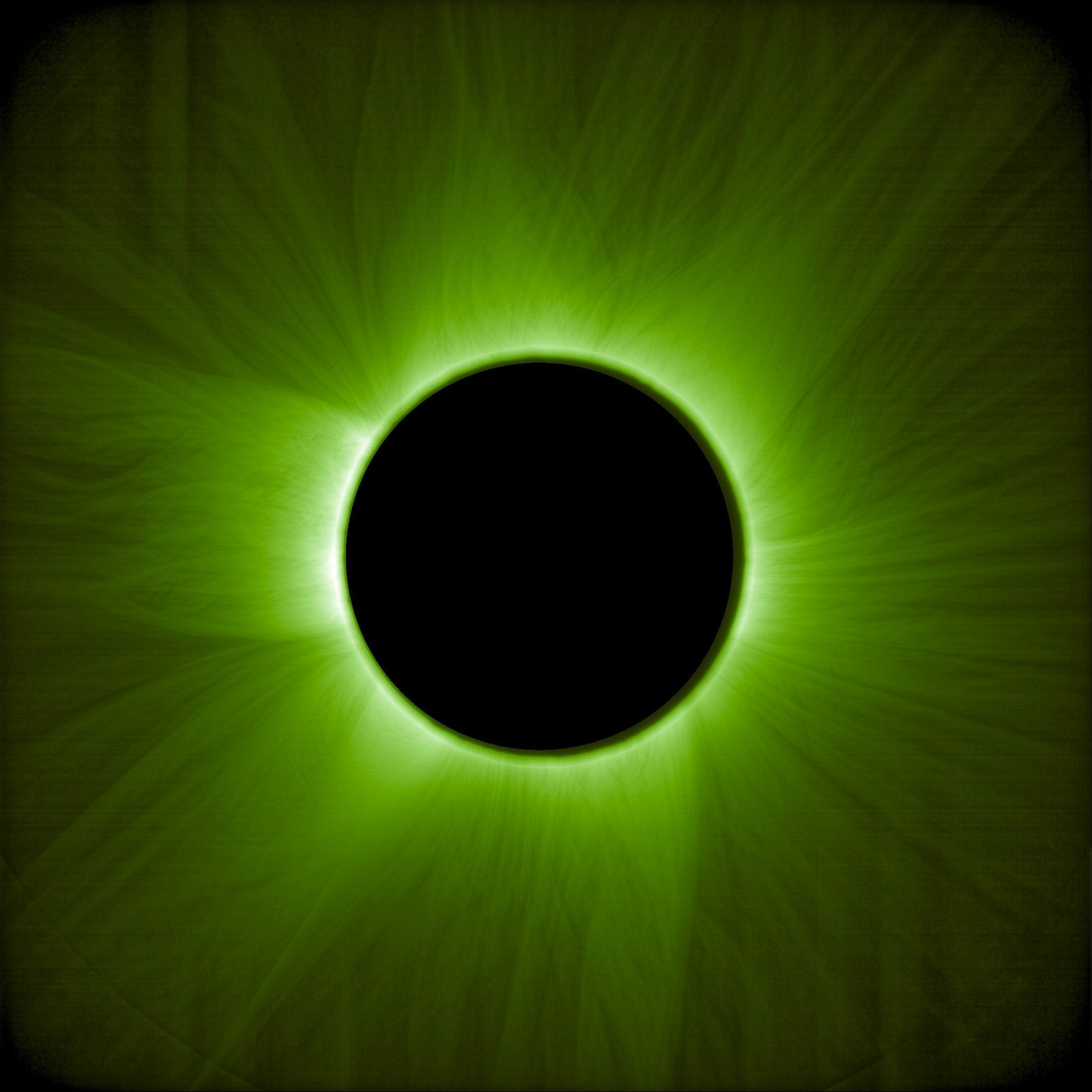 Dieses Bild wurde von einem Satelliten der «Proba-3»-Mission aufgenommen. Es zeigt die innere Sonnenkorona so, wie ein menschliches Auge sie bei einer Sonnenfinsternis durch einen grünen Filter sehen würde.