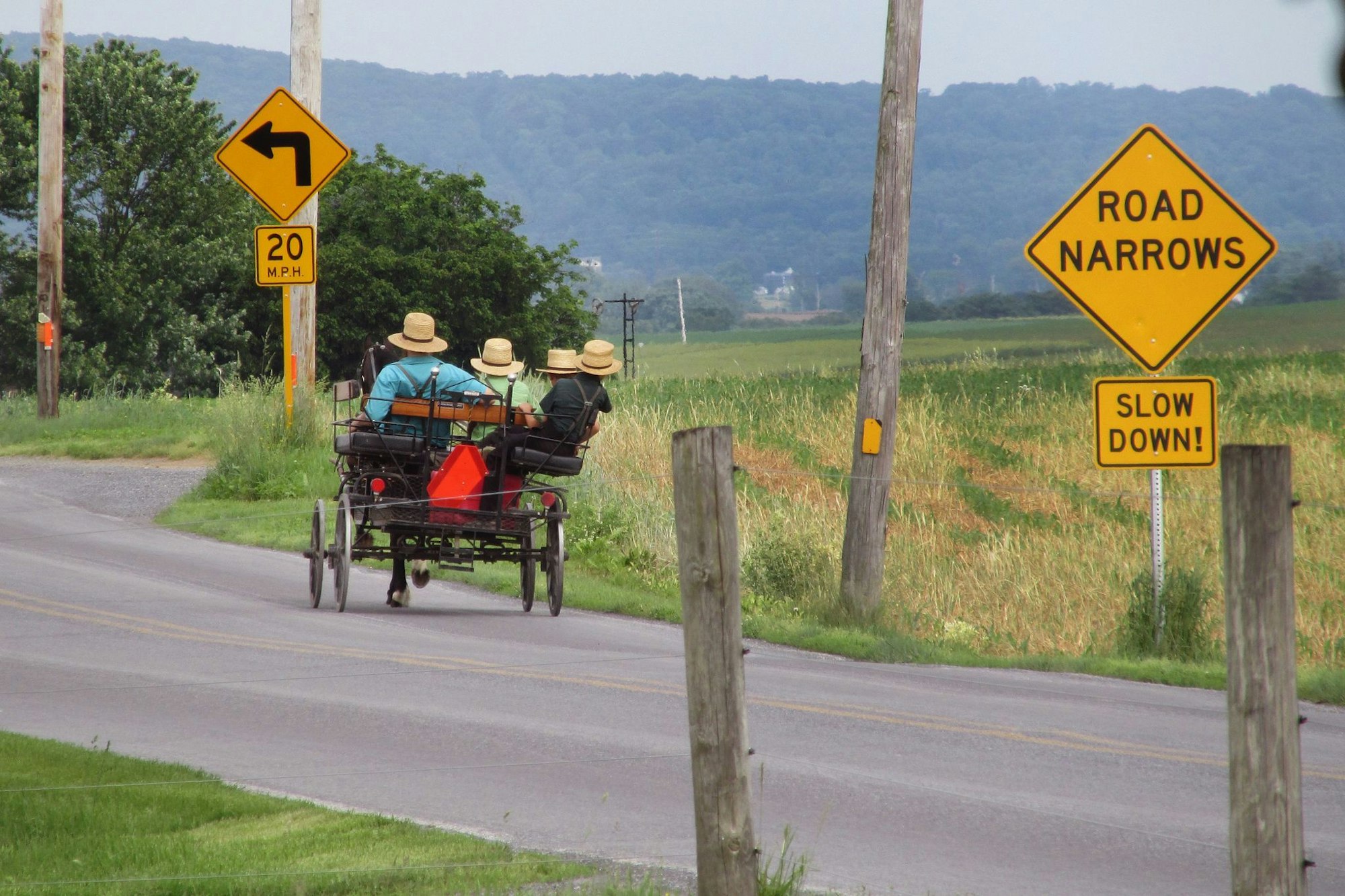 Autofahrer müssen jederzeit bremsbereit sein. Denn Pferde-Buggys, wie hier auf einer Landstraße in Lancaster County, sind langsame Gefährte.