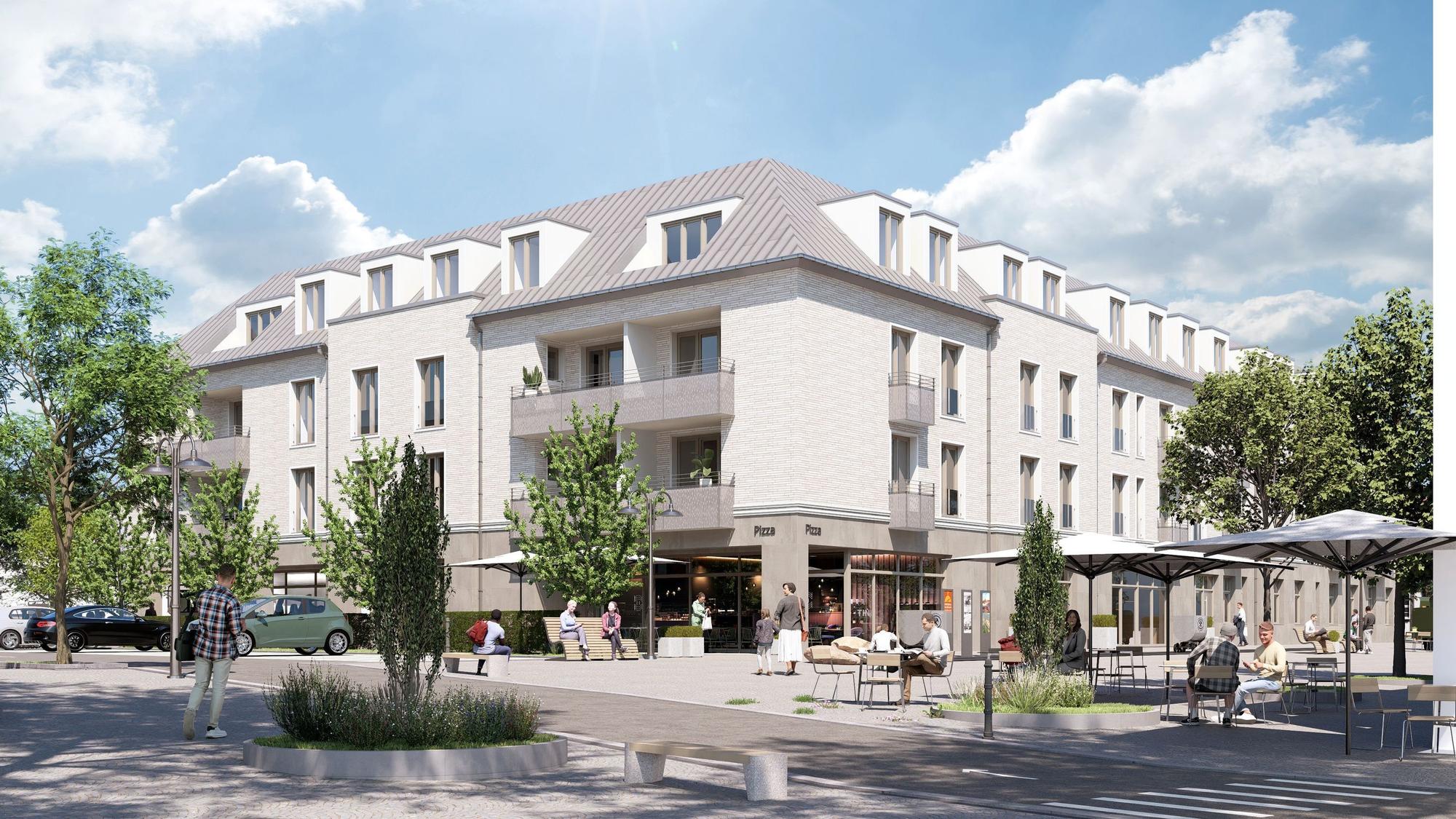 Die Visiualisierung zeigt, wie das Wohn- und Geschäftshaus am Bleibergplatz einmal aussehen soll.