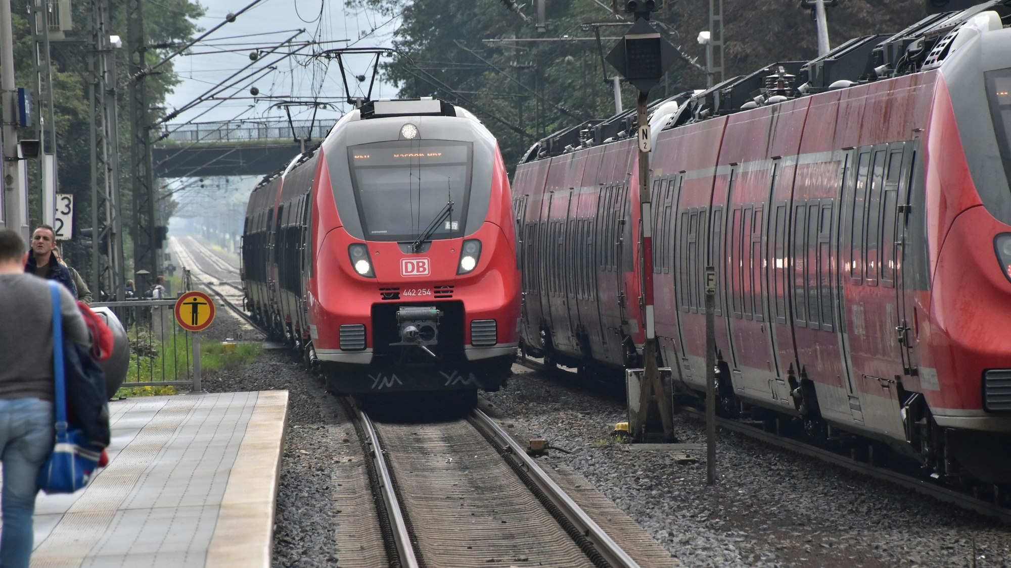 Züge der Linie RE9 fahren in den Eitorfer Bahnhof ein.