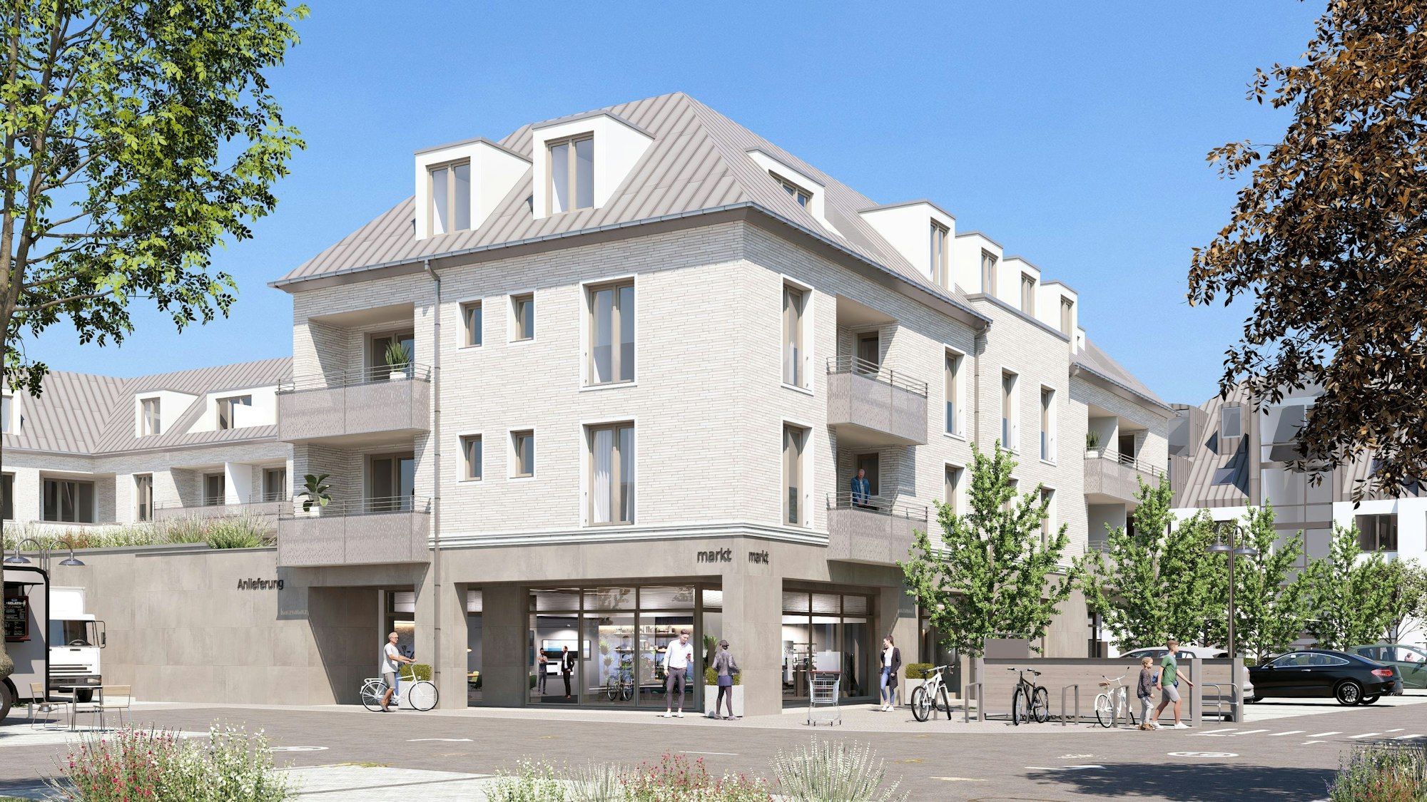 Das Bild zeigt die Visualisierung eines Wohn- und Geschäftshauses, das am Bleibergplatz in Mechernich errichtet werden soll.