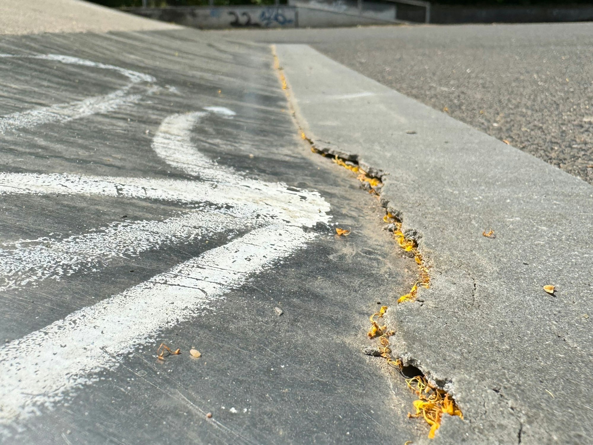 Auf dem Bild ist eine abgeplatzte Kante an der Skateanlage zu sehen.