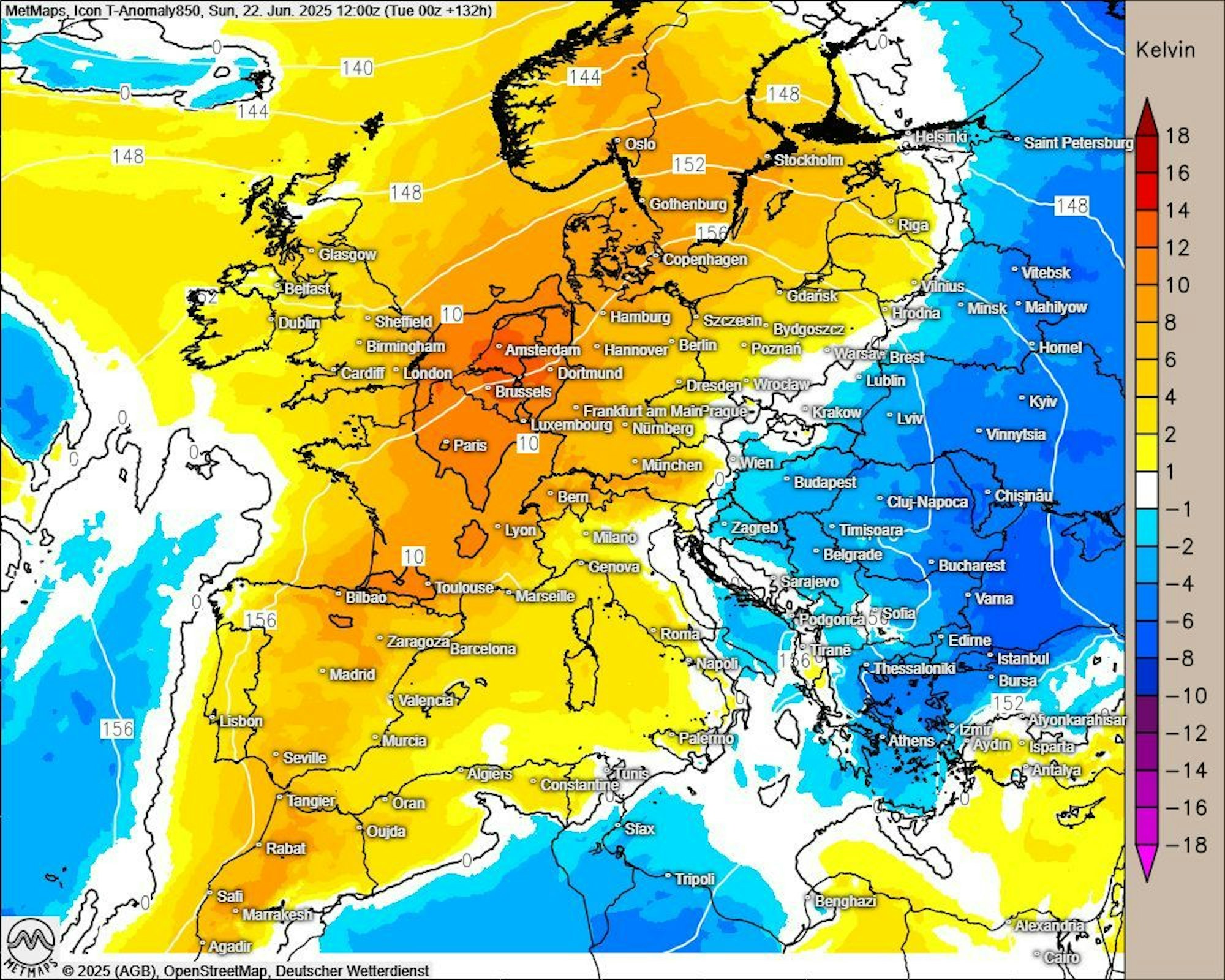 Karte mit der Warmluft über Europa, die eine Temperaturanomalie am kommenden Sonntag zeigt.