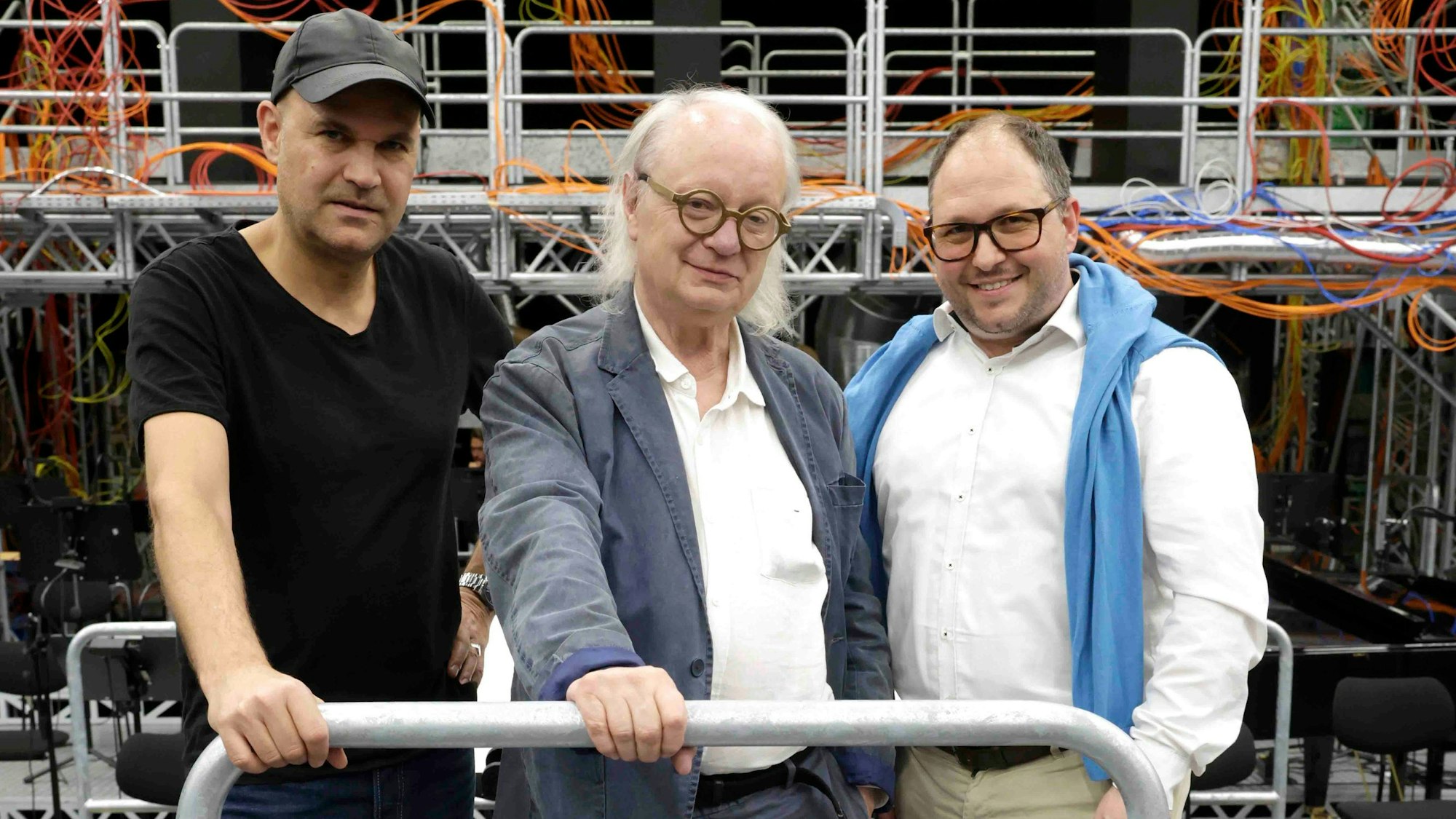 Nicolas Stemann, Komponist Philippe Manoury und Ko-Librettist Partrick Hahn im Staatenhaus.