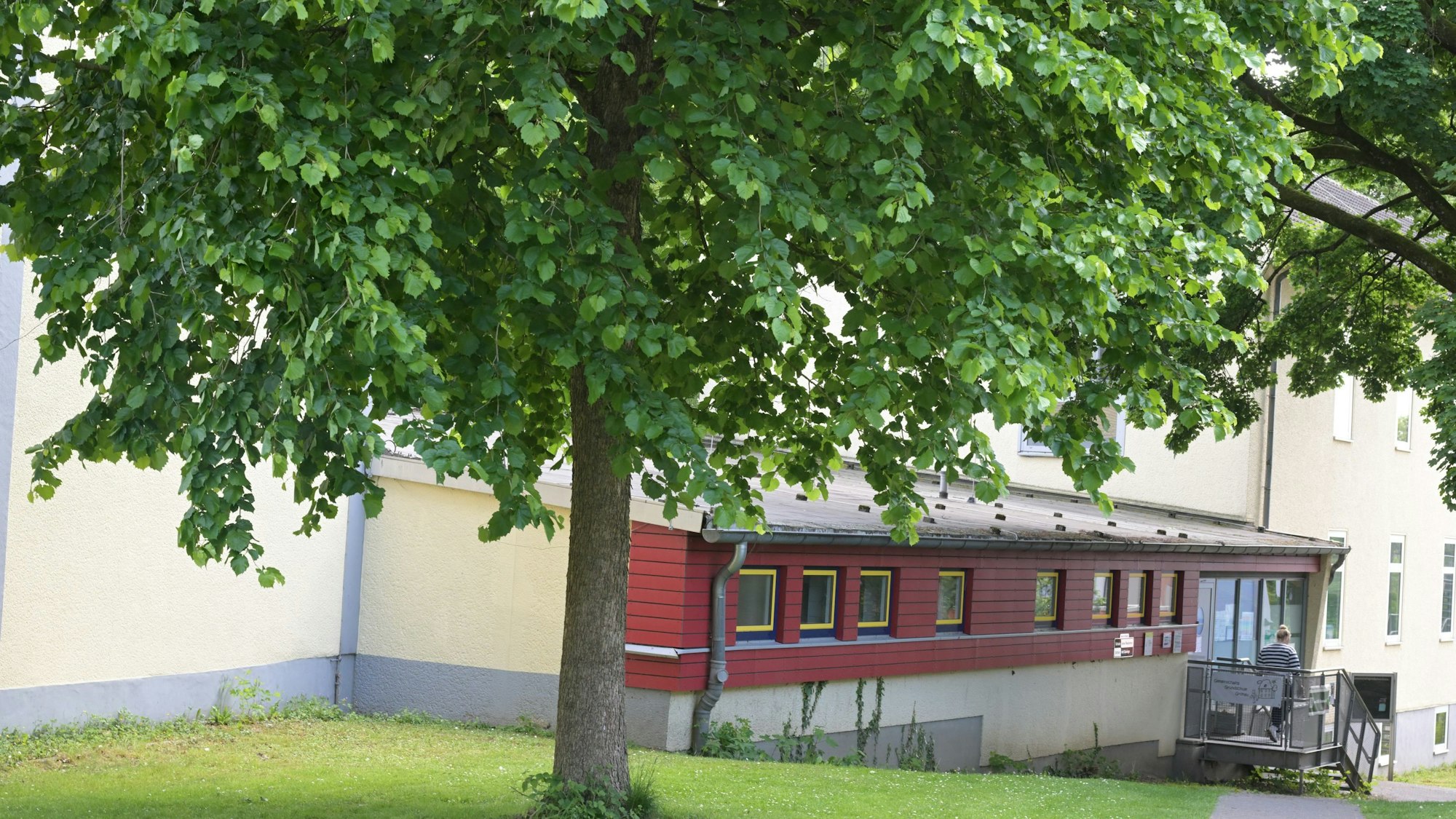 Das Gebäude der GGS Gronau ist von außen zu sehen. Davor steht ein Baum. r