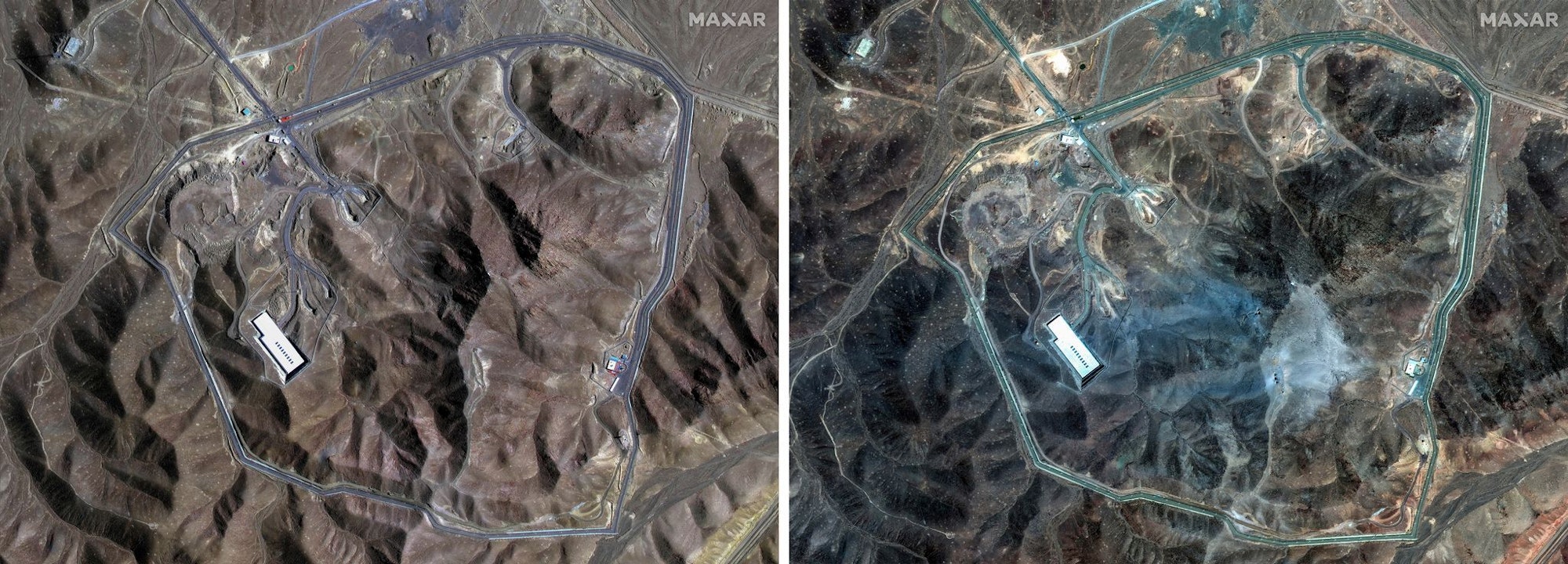 Auf einer Satellitenaufnahme der Atomanlage Fordo sind (rechts) die vermutlichen Einschlaglöcher der US-Bomben zu erkennen.
