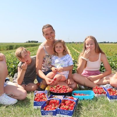 Auf dem Bild ist ein Frau mit Kindern zu sehen, sie zeigen ihre Erdbeerernte.