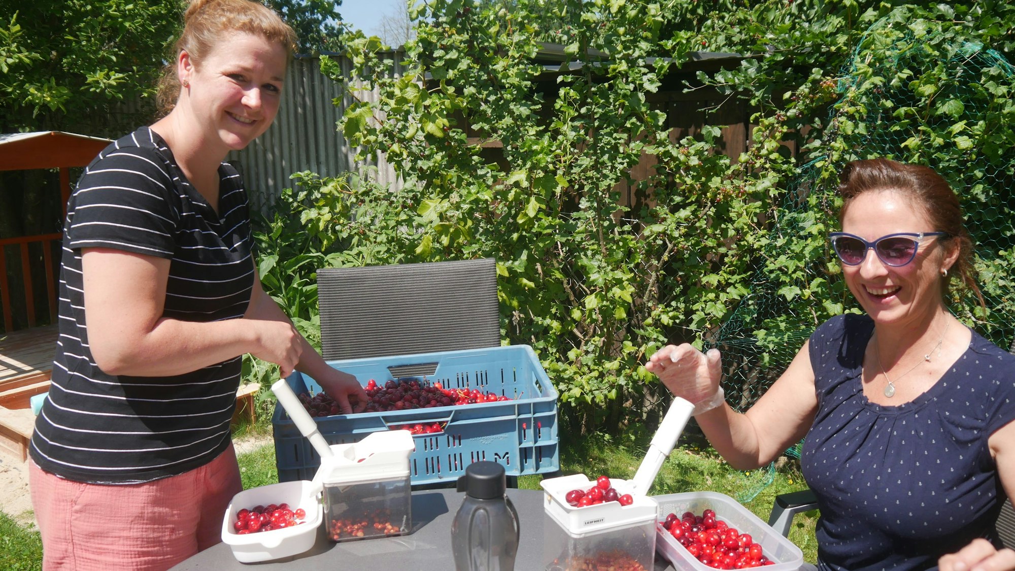 Eine Freundin ist gekommen und hilft beim Entkernen.