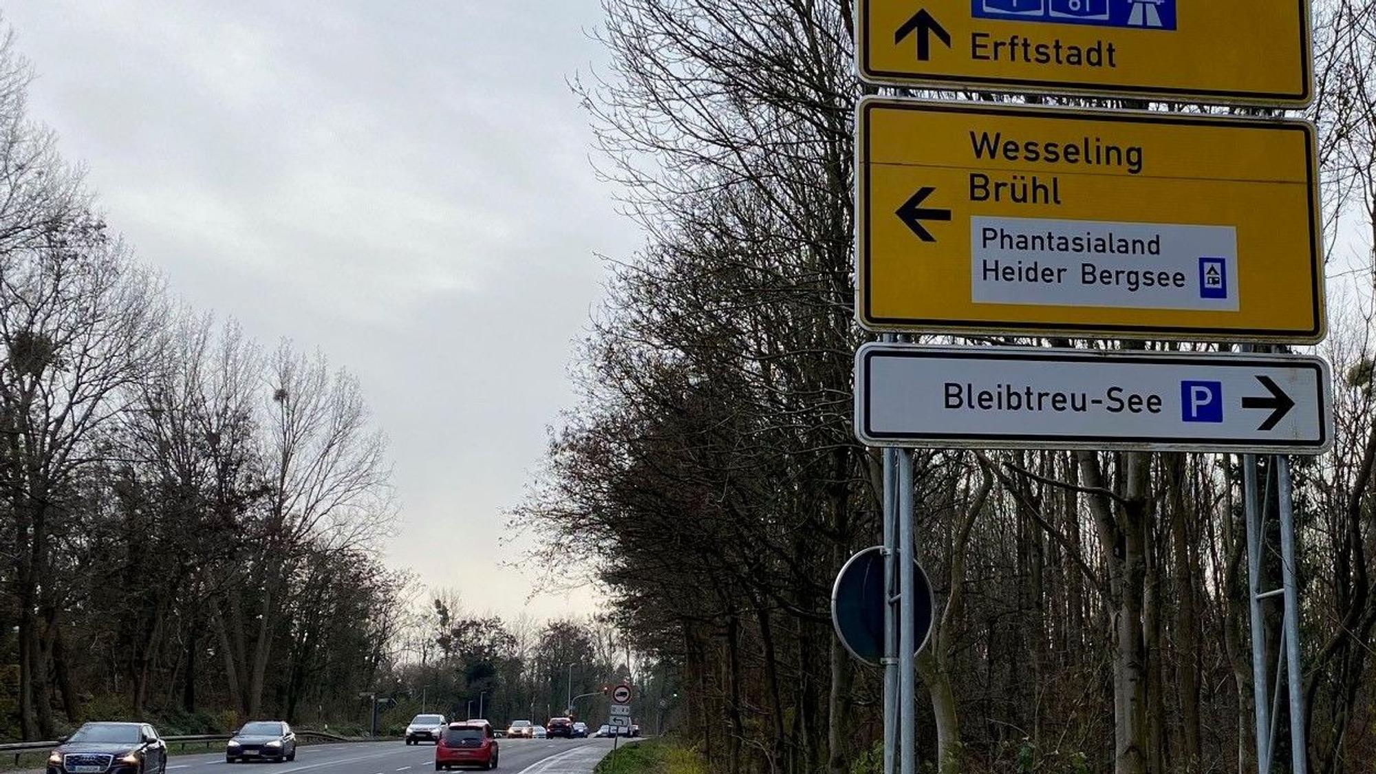 Zu sehen sind ein Verkehrsschild und eine befahrene Landstraße.