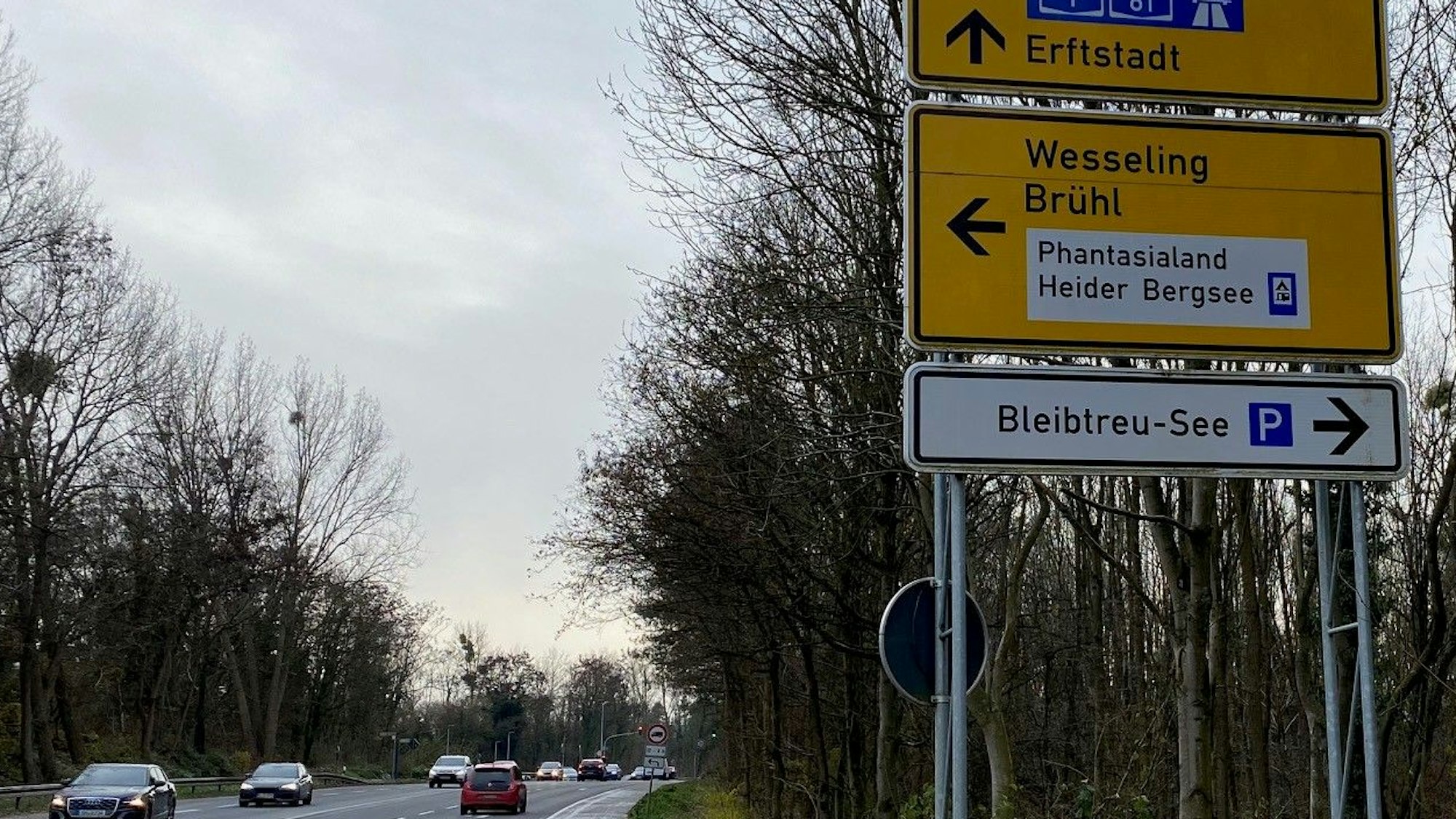 Zu sehen sind ein Verkehrsschild und eine befahrene Landstraße.