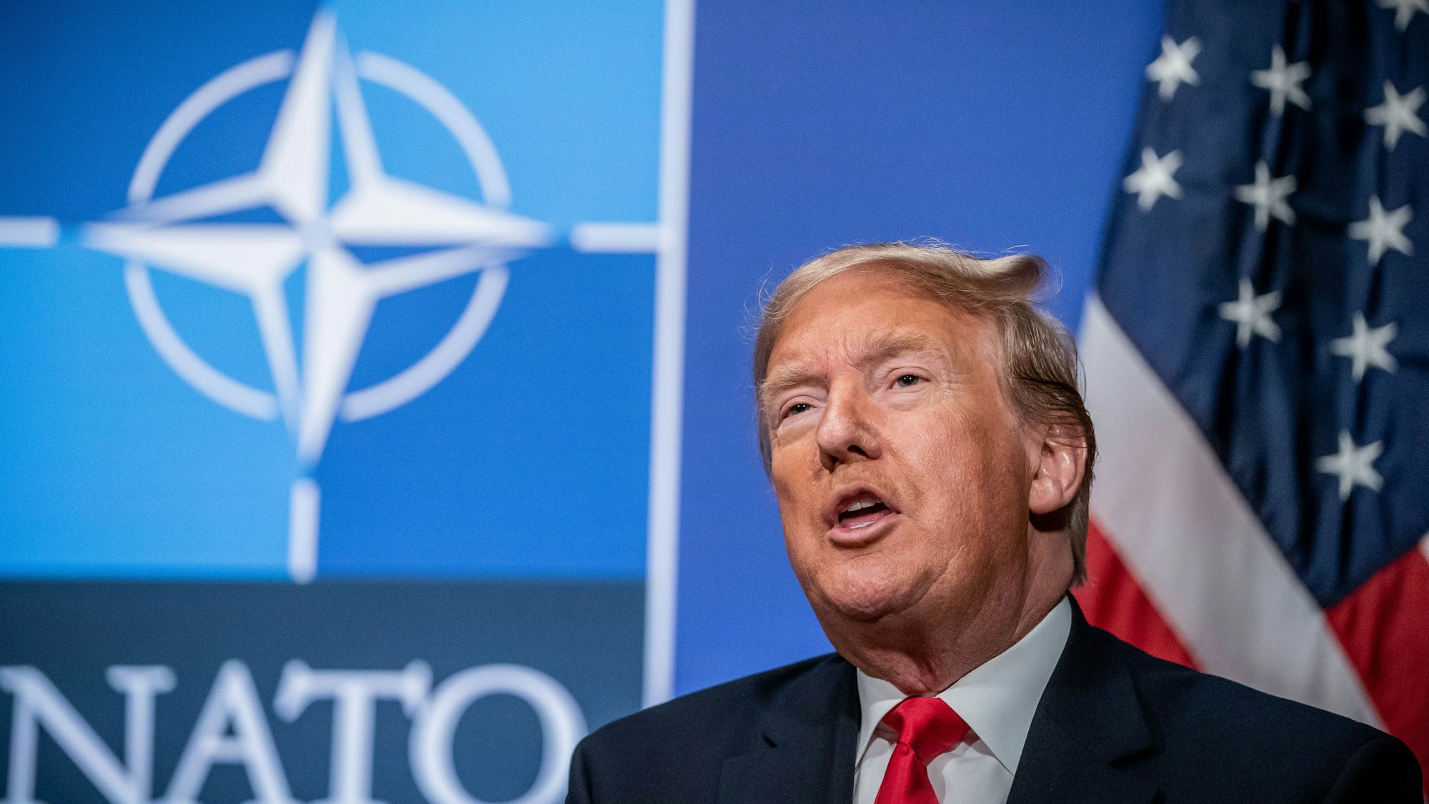 Das Bild zeigt Donald Trump beim Nato-Gipfel in Watfort 2019. Foto: Michael Kappeler/dpa +++ dpa-Bildfunk +++
