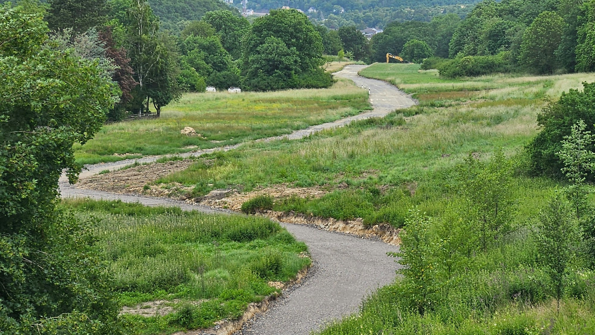 Eine schmale Straße schlängelt sich durch ein hügeliges Gebiet, das mit Wiesen und Bäumen bewachsen ist.