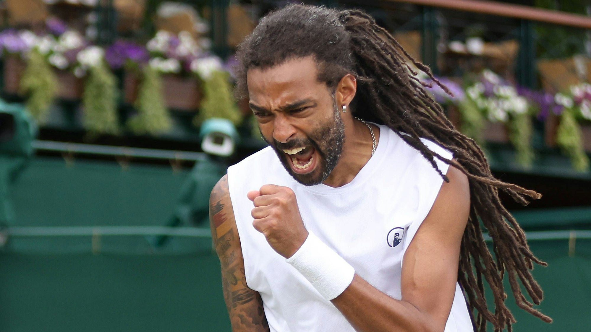 Wimbledon Championships 2024, AELTC, Day Five, London, UK - 05/07/2024 Dustin Brown JAM partnered by Sebastian Baez ARG celebrates during their first round match against Hugo Nys MON and Jan Zelinski POL in the 2024 Wimbledon ChampionshipsIn the 2024 Wimbledon Championships London Wimbledon London GBR, UK NEWSPAPERS OUT Copyright: xMarkxGreenwoodx