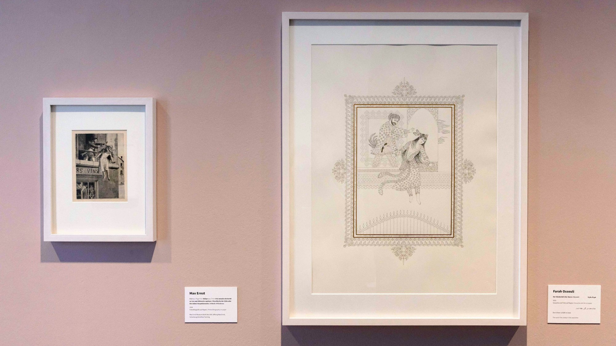 Eine Arbeit von Farah Ossouli (r.), mit der sie auf ein Werk von Max Ernst antwortet.